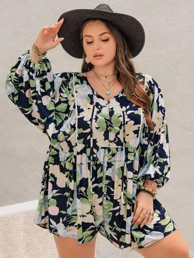 Plus Size Tied Printed Long Sleeve Romper - Clothes For Her Online Store