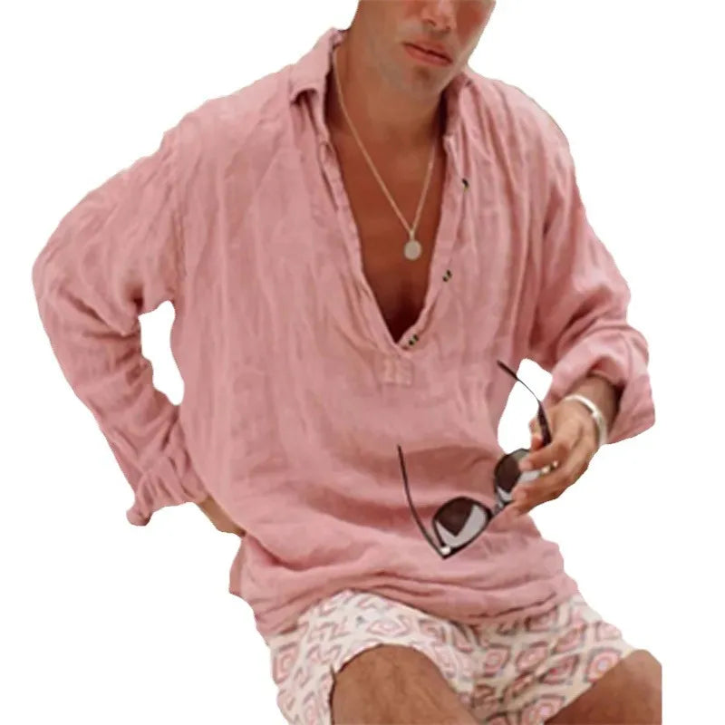 Men's Full Size Casual Linen Long Sleeve Top Plus Size