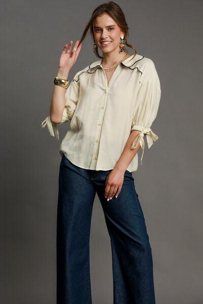 Umgee Full Size Embroidered Detail Button Down Shirt Plus Size - Clothes For Her Online Store