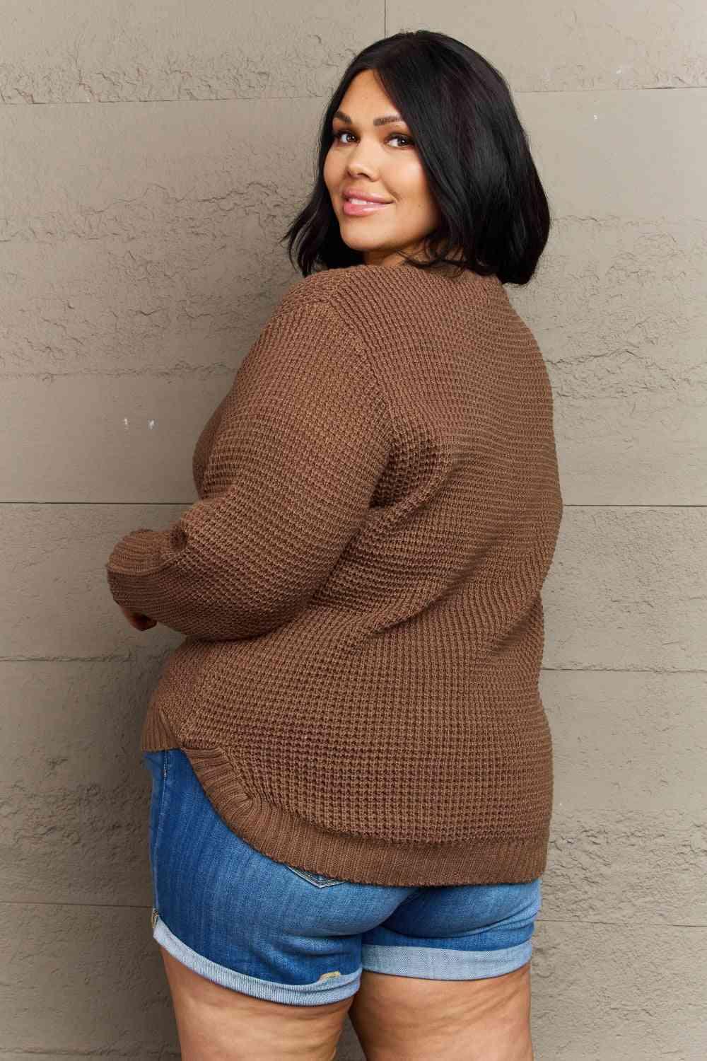 Zenana Breezy Days Plus Size High Low Waffle Knit Sweater - Clothes For Her Online Store