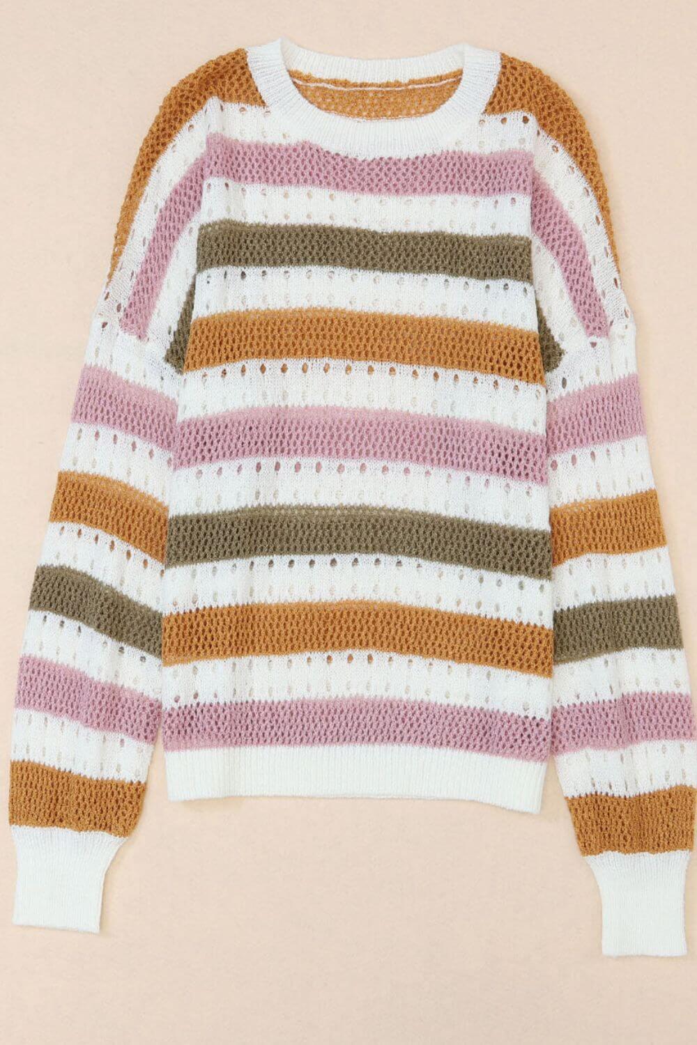 Striped Round Neck Hollowed Sweater - Clothes For Her Online Store