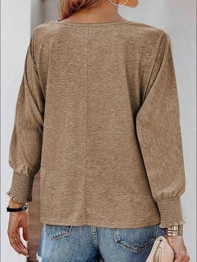 Round Neck Smocked Lantern Sleeve T-Shirt - Clothes For Her Online Store
