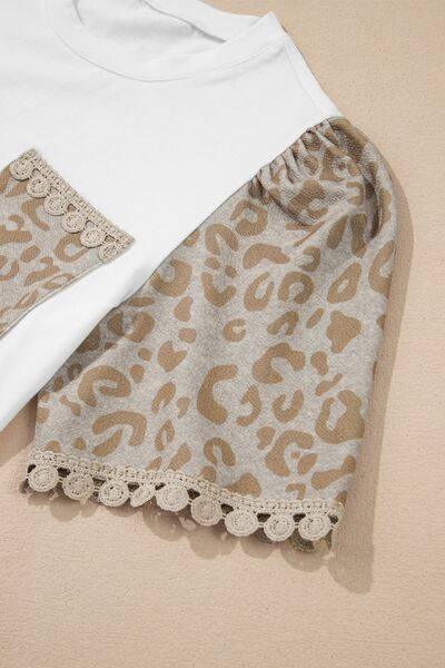 Leopard Patchwork Crochet Lace Trim Puff Sleeve T Shirt - Clothes For Her Online Store