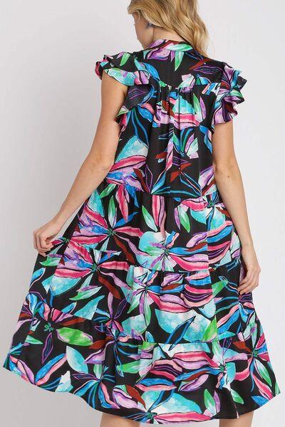 Umgee Full Size Leaf Print Double Layered Ruffle Sleeve Tiered Midi Dress Plus Size - Clothes For Her Online Store