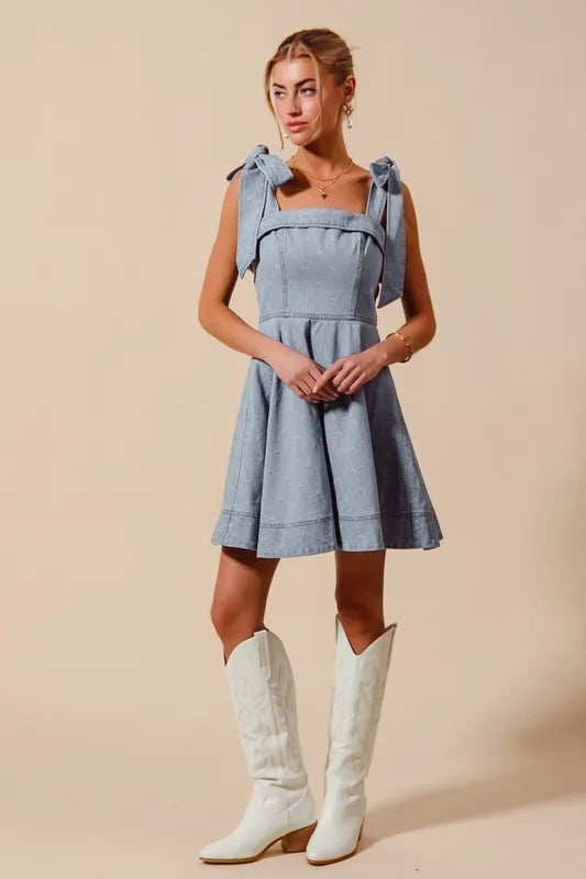 SO ME A Line Fit and Flare Diamond Bow Ribbon Denim Dres