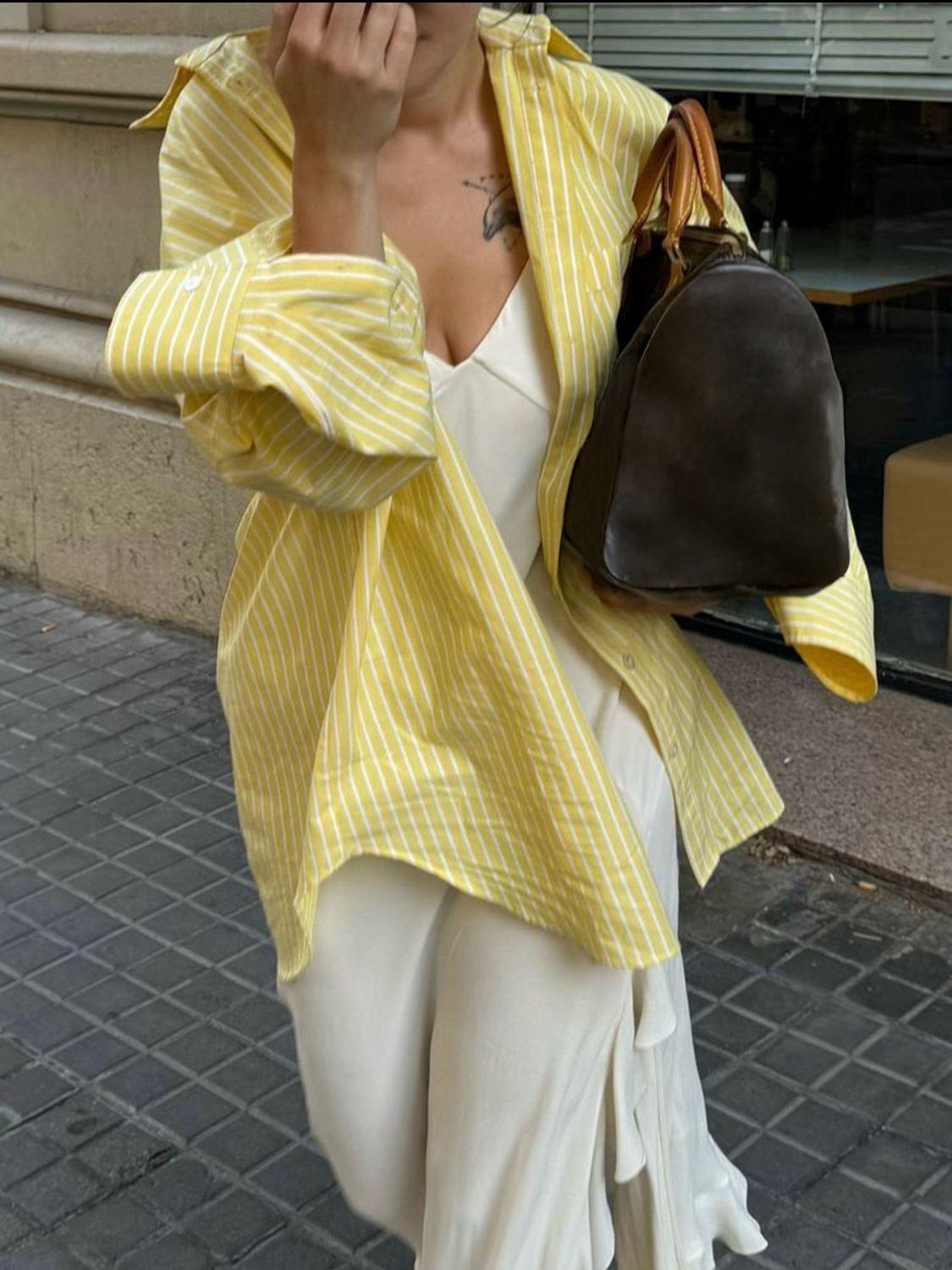 Devine Striped Collared Neck Long Sleeve Shirt - Clothes For Her Online Store