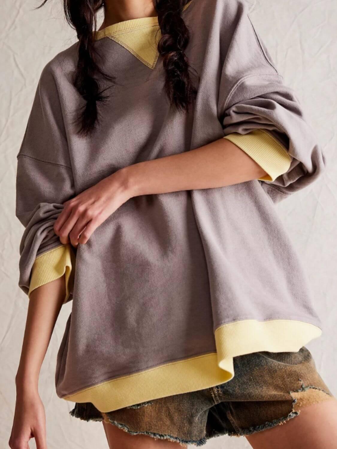 Mandy Contrast Trim Round Neck Long Sleeve Sweatshirt - Clothes For Her Online Store