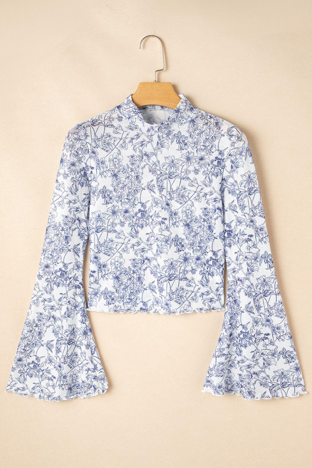 Printed Mock Neck Long Sleeve Blouse - Clothes For Her Online Store