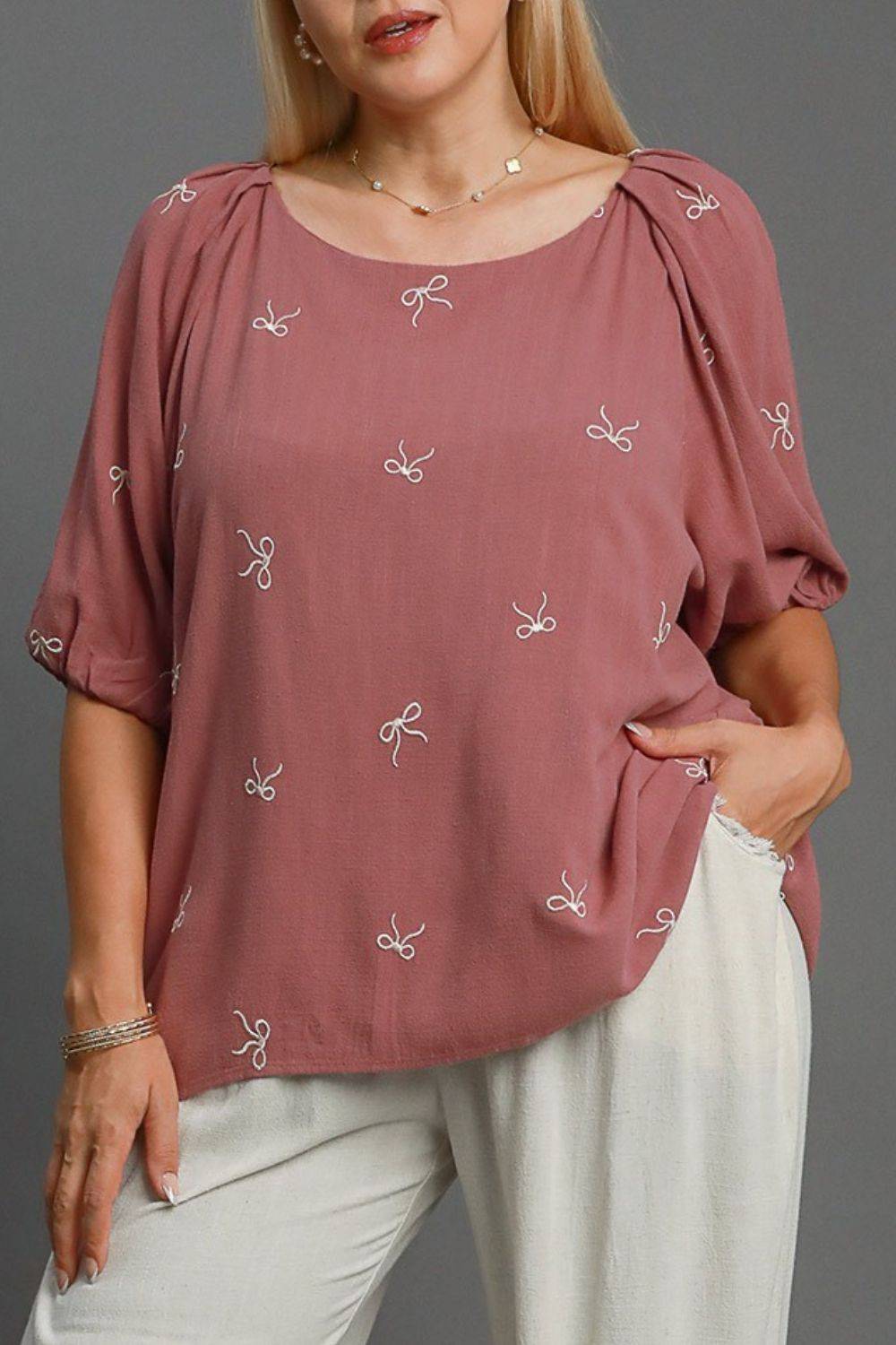 Umgee Full Size Linen Blend Ribbon Embroidered Top Plus Size - Clothes For Her Online Store