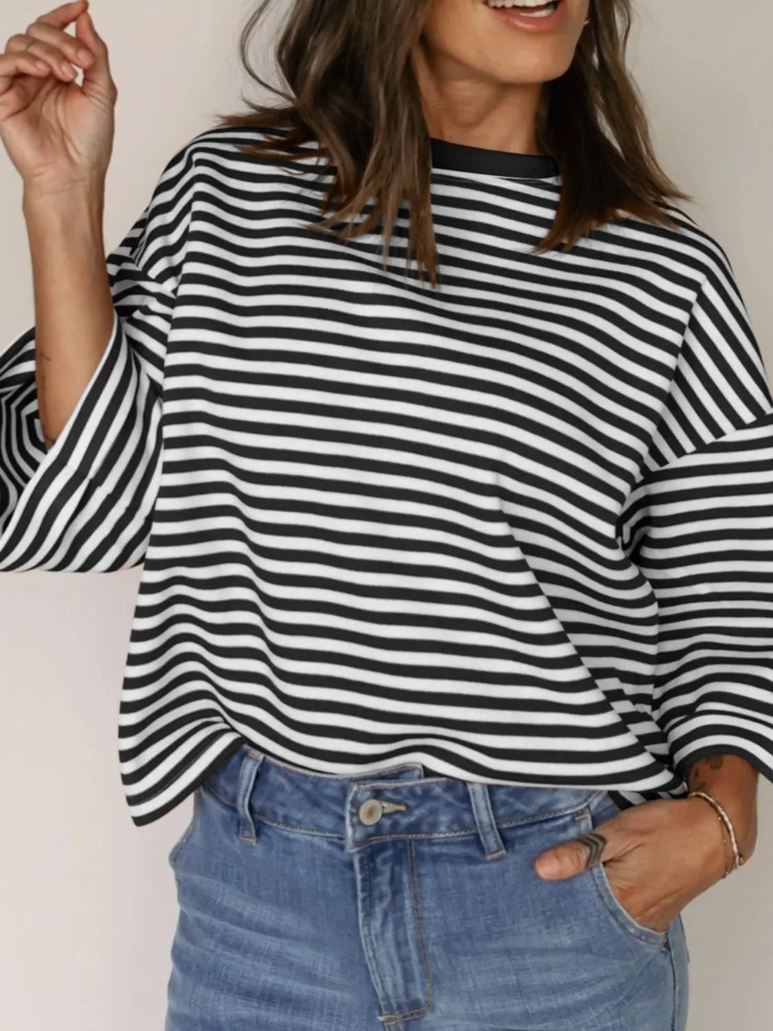 Tied Back Striped Round Neck Blouse
