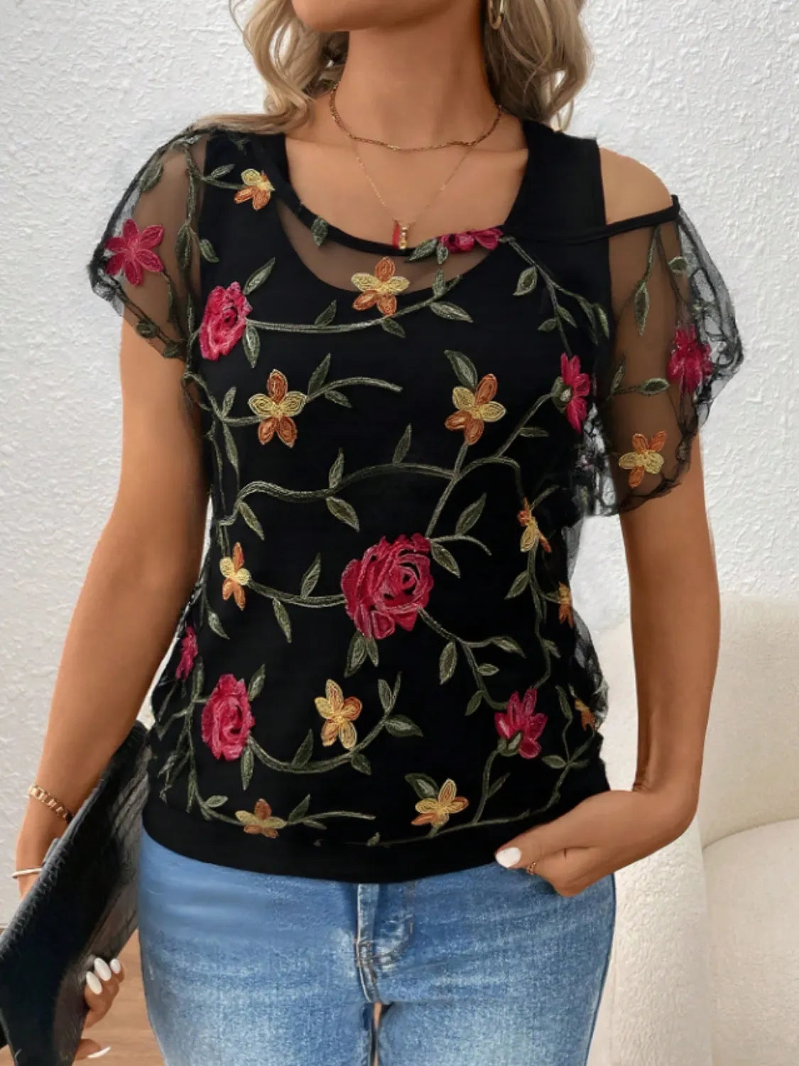 Floral Short Sleeve Sheer Top