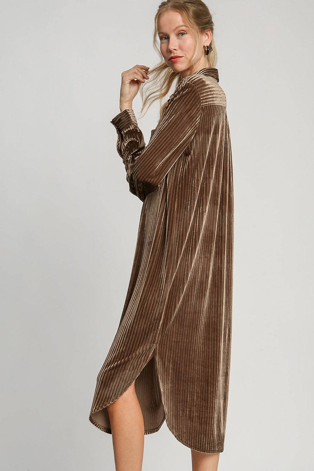 Umgee Texture Curved Hem Button Down Shirt Dress - Clothes For Her Online Store