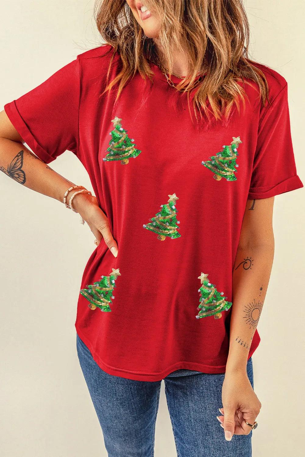 Sequin Christmas Tree Round Neck Short Sleeve T-Shirt - Clothes For Her Online Store