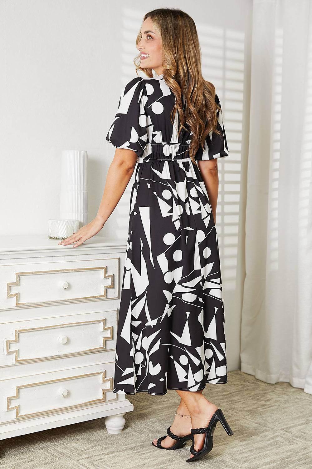 Printed Surplice Balloon Sleeve Dress - Clothes For Her Online Store