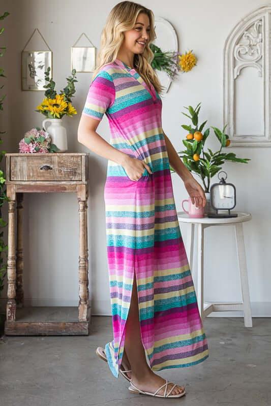 Heimish Full Size Striped Short Sleeve Maxi Tee Dress Plus Size - Clothes For Her Online Store