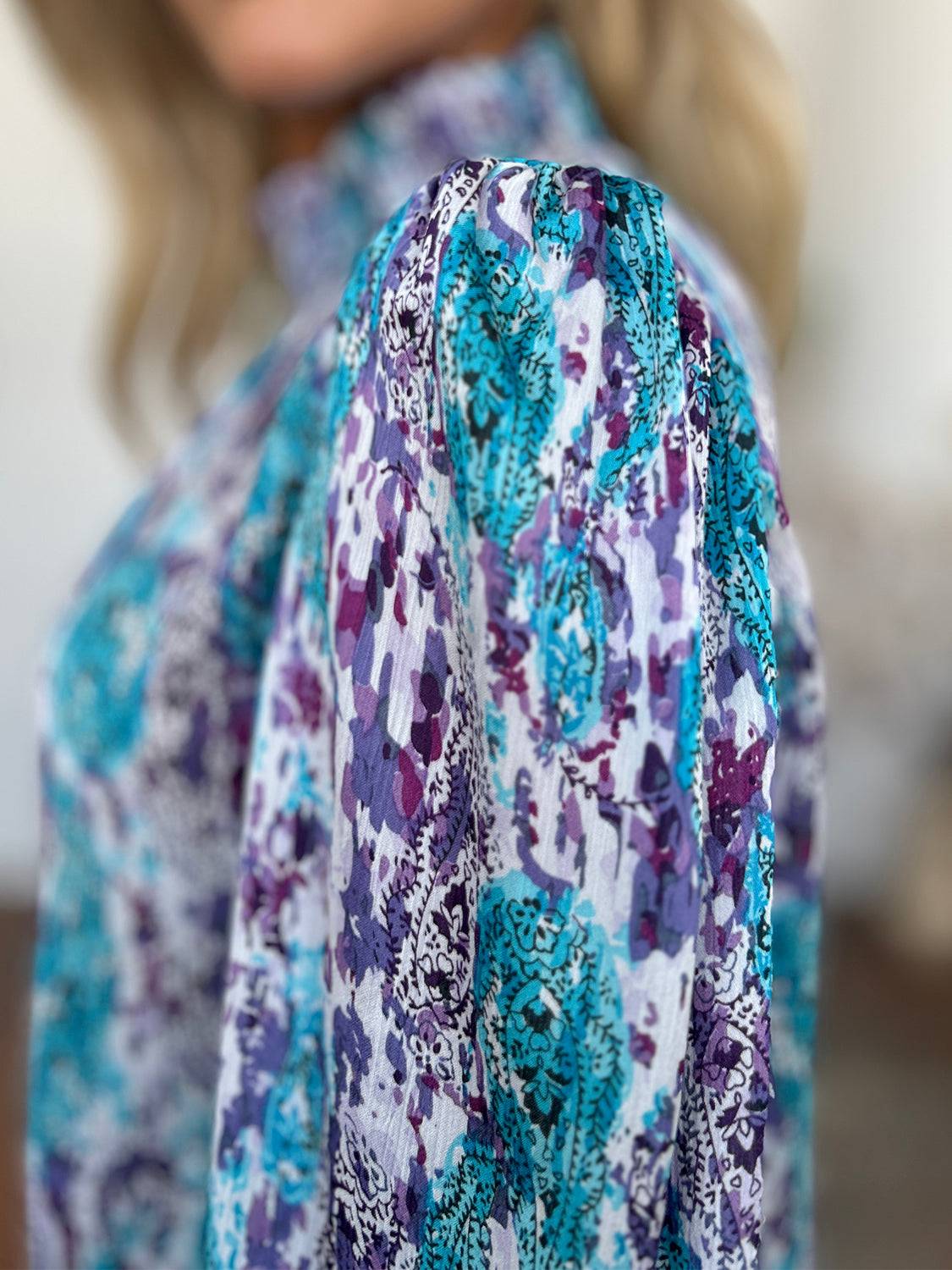 Double Take Full Size Printed Smocked Long Sleeve Blouse - Clothes For Her Online Store