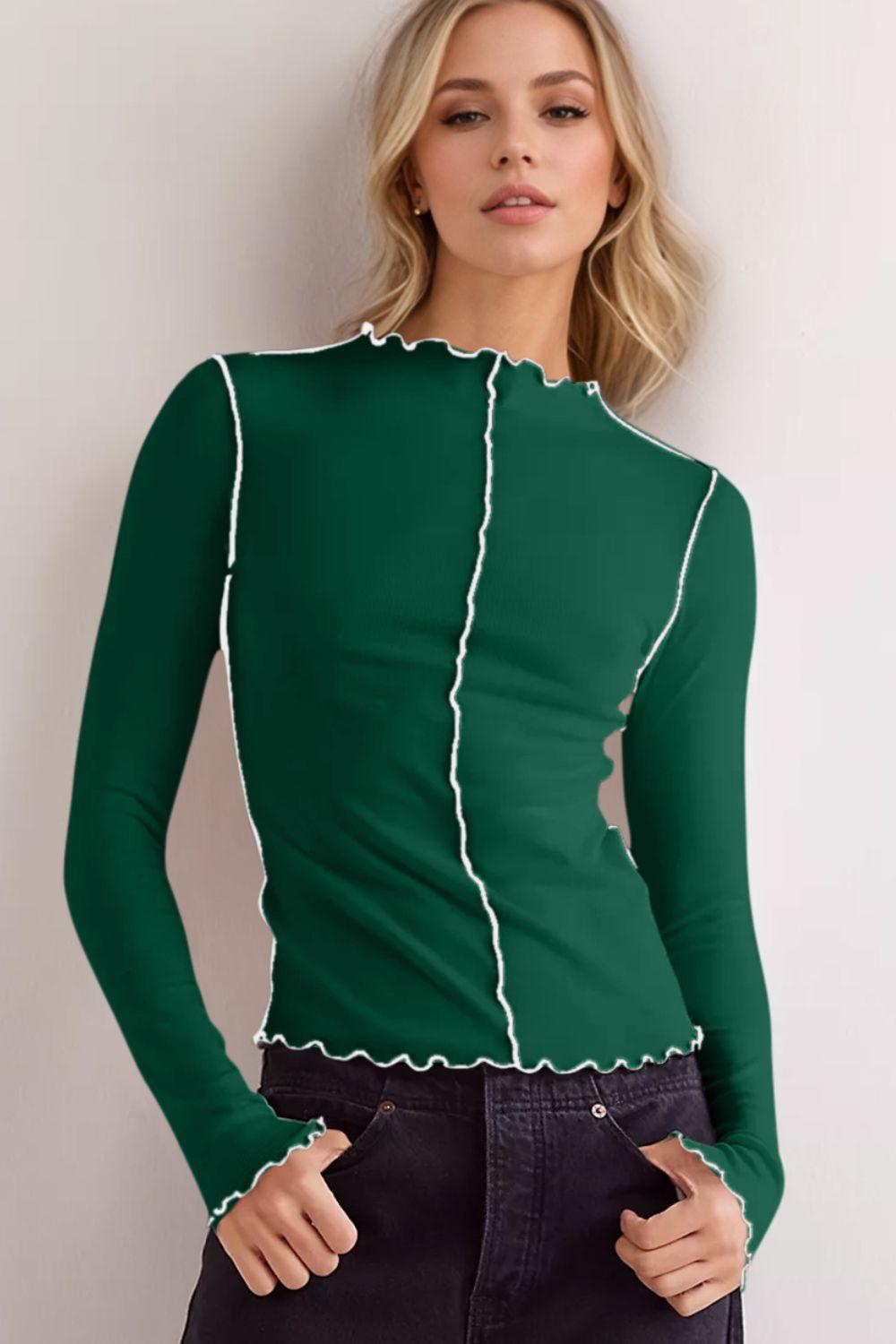 Basic Bae Contrast Trim Mock Neck Long Sleeve T-Shirt - Clothes For Her Online Store