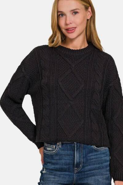 Zenana Cropped High Low Cable Sweater with Side Slits - Clothes For Her Online Store