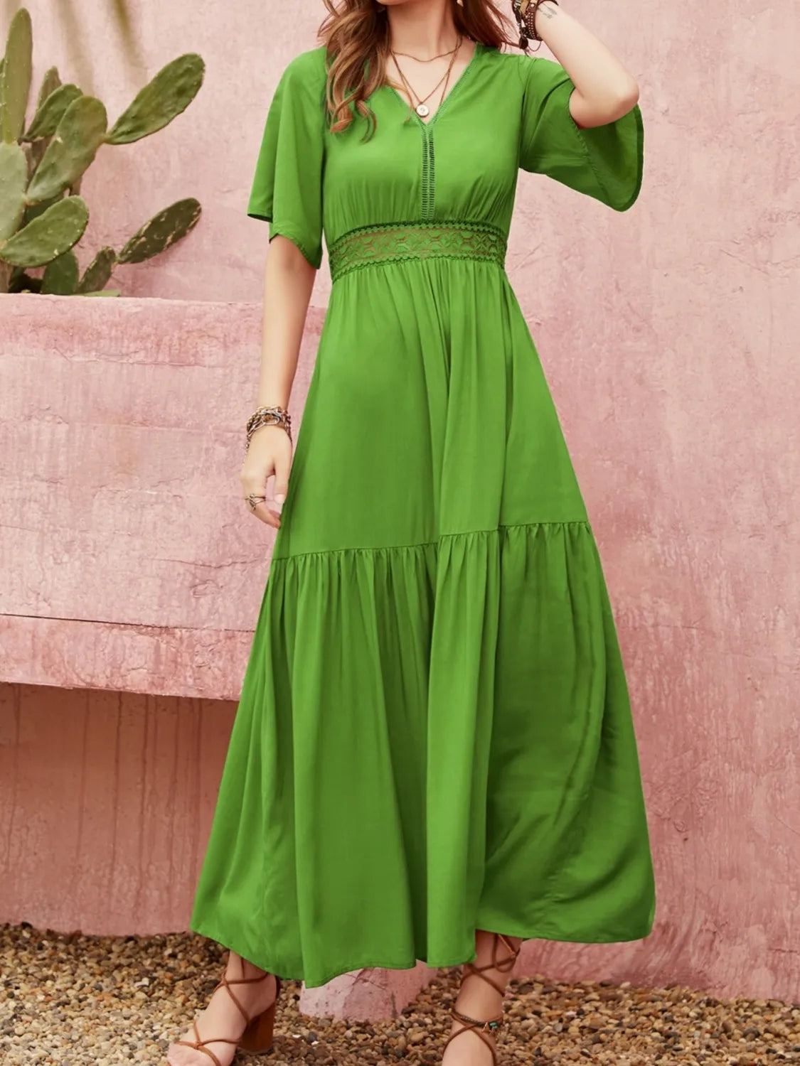 Lace Detail V-Neck Short Sleeve Dress