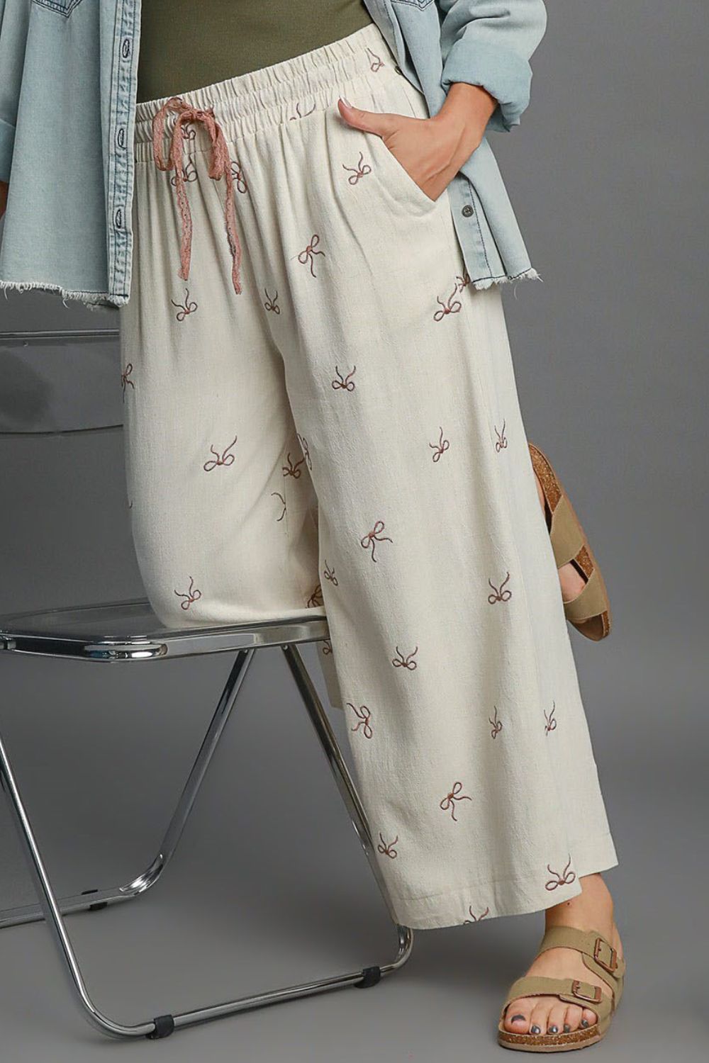 Umgee Full Size Lace Drawstring Embroidered Bow Wide Leg Pants Plus Size - Clothes For Her Online Store