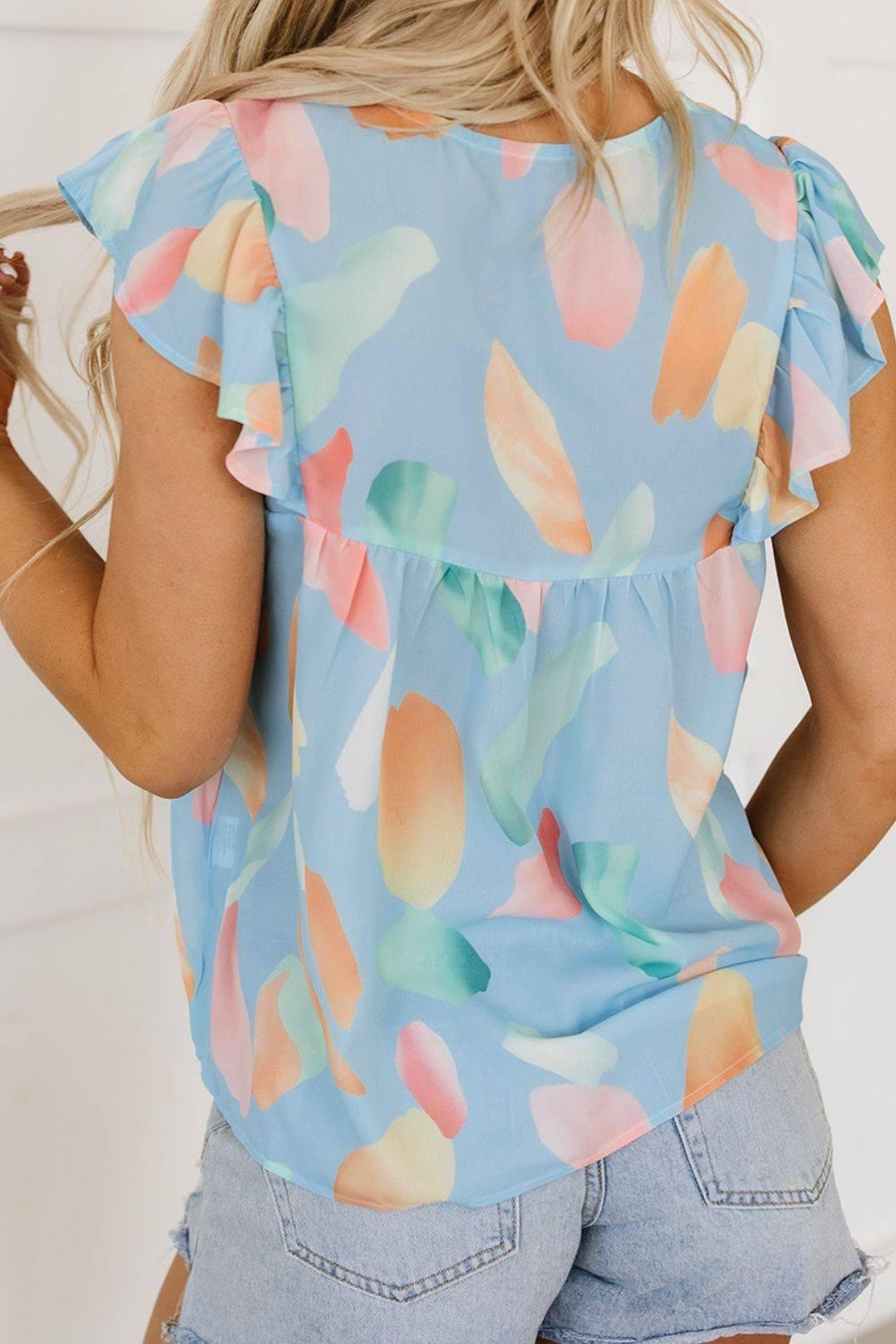 Splotches Pattern Ruffled Cap Sleeve Blouse - Clothes For Her Online Store