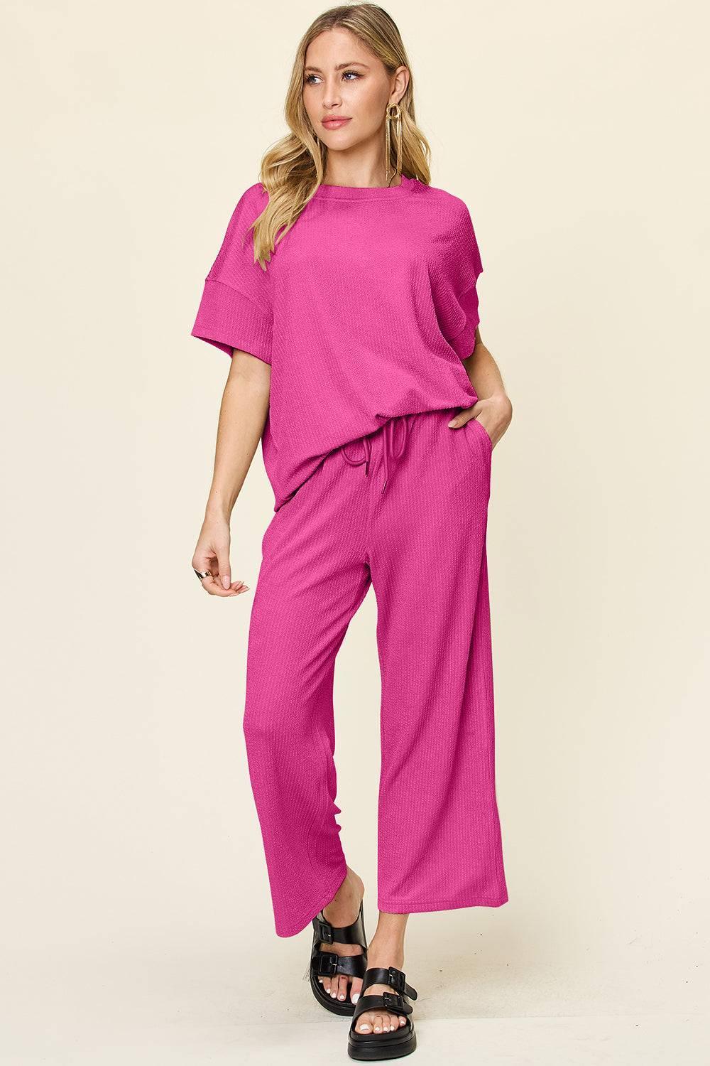 Double Take Full Size Texture Round Neck Short Sleeve T-Shirt and Wide Leg Pants - Clothes For Her Online Store