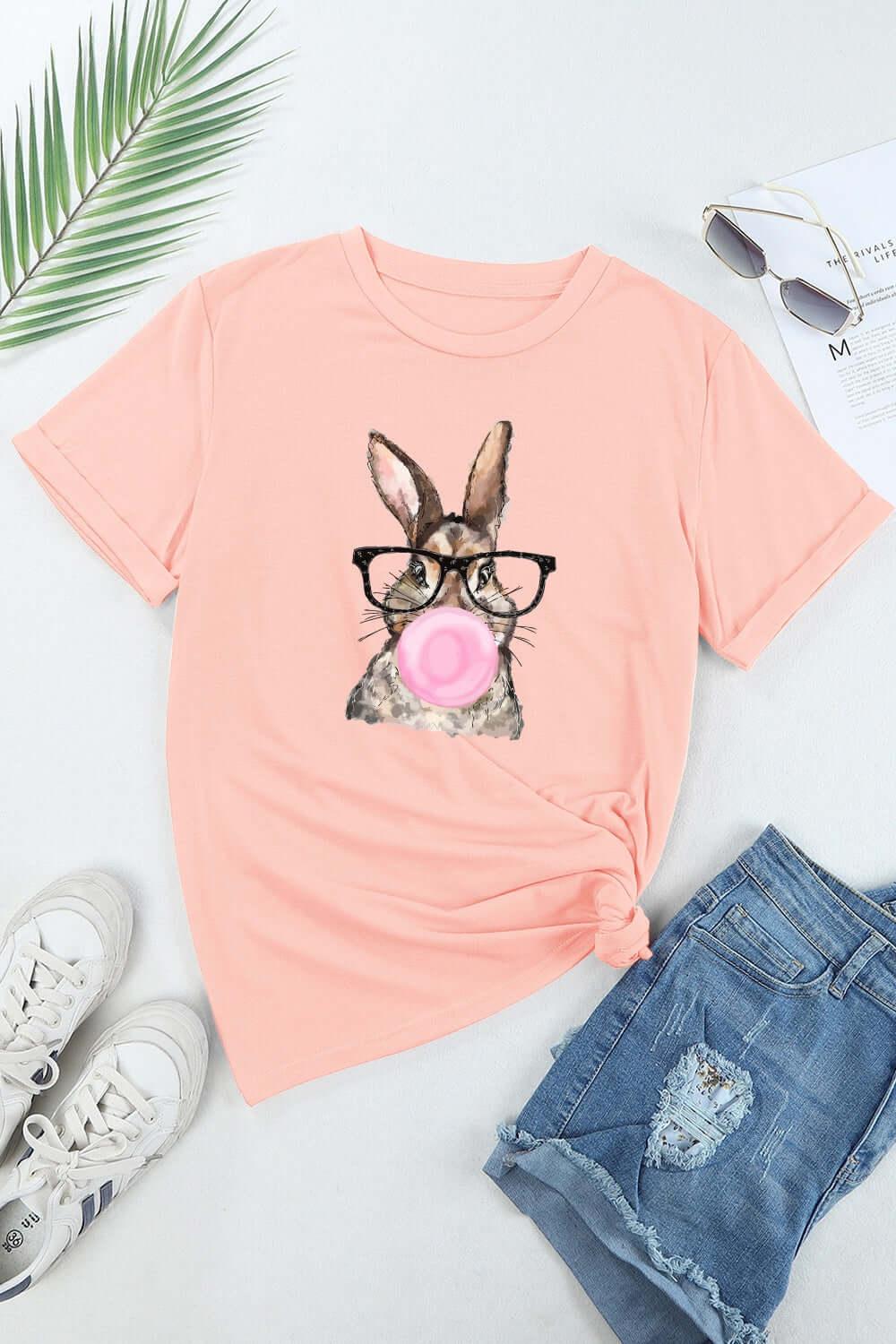 Rabbit Round Neck Short Sleeve T-Shirt - Clothes For Her Online Store