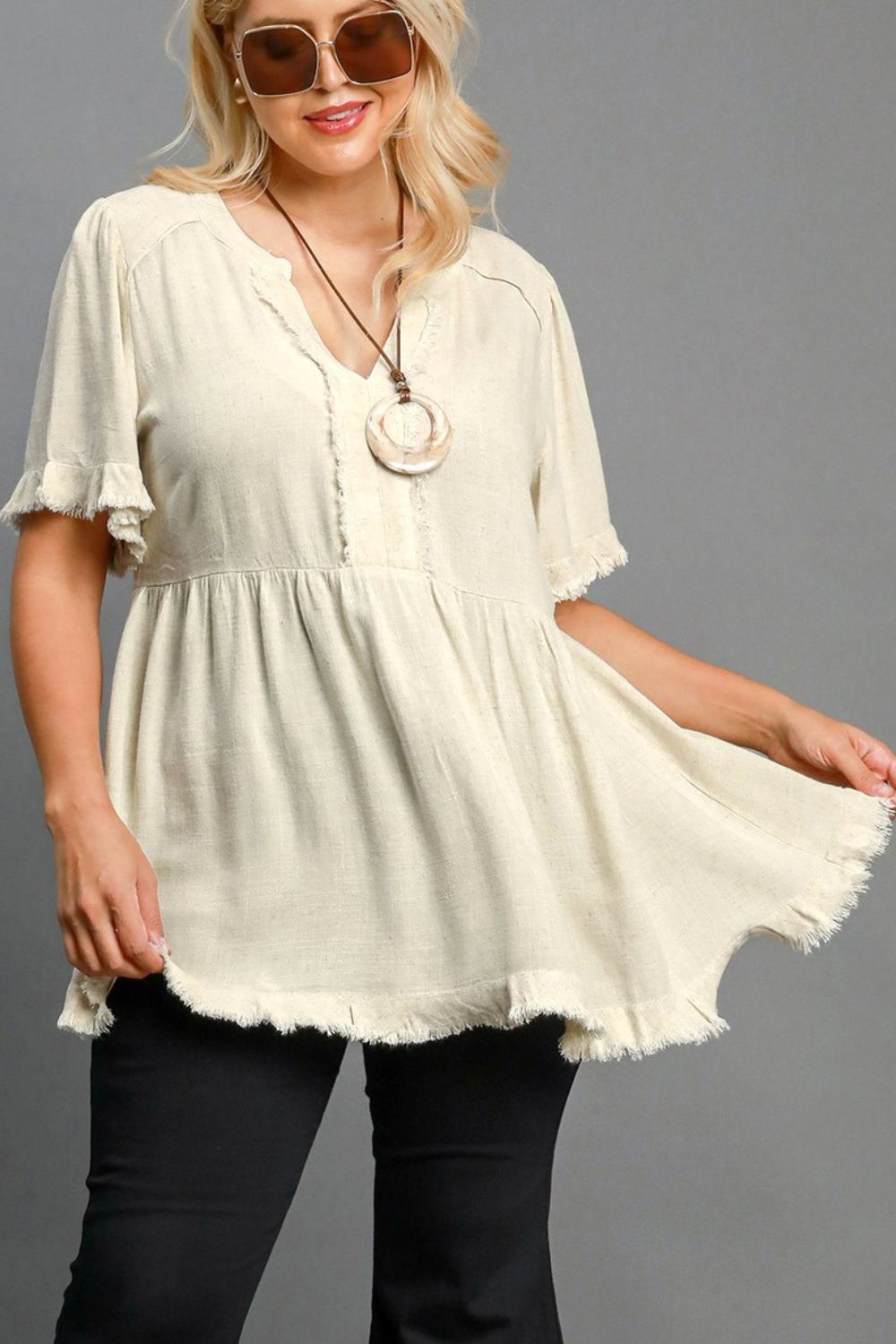 Umgee Full Size Raw Hem Notched Babydoll Linen Blouse Plus Size - Clothes For Her Online Store
