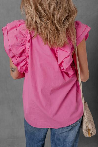 Shirred Tie Neck Ruffled Cap Sleeve Blouse - Clothes For Her Online Store