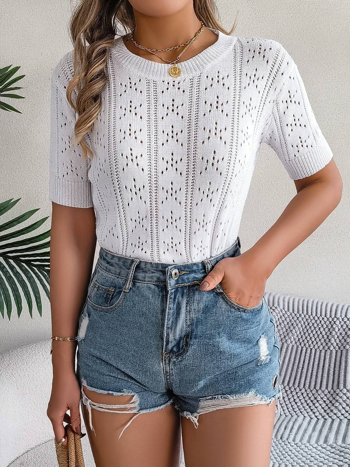 Openwork Round Neck Short Sleeve Knit Top - Clothes For Her Online Store