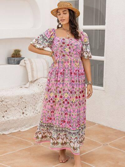 Plus Size Printed Square Neck Ruffle Hem Dress - Clothes For Her Online Store