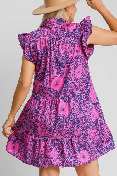 Umgee Full Size Printed Ruffle Cap Sleeve Babydoll Dress Plus Size - Clothes For Her Online Store