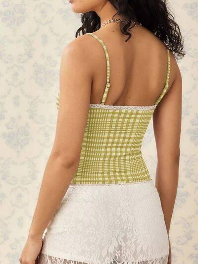 Lace Detail Plaid Square Neck Cami - Clothes For Her Online Store