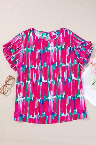 Plus Size Printed Round Neck Petal Sleeve Blouse - Clothes For Her Online Store