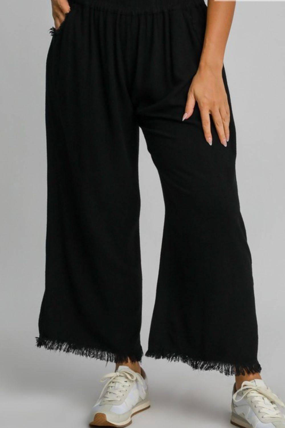 Umgee Full Size Linen Blend Elastic Waistband Wide Leg Pants Plus Size - Clothes For Her Online Store