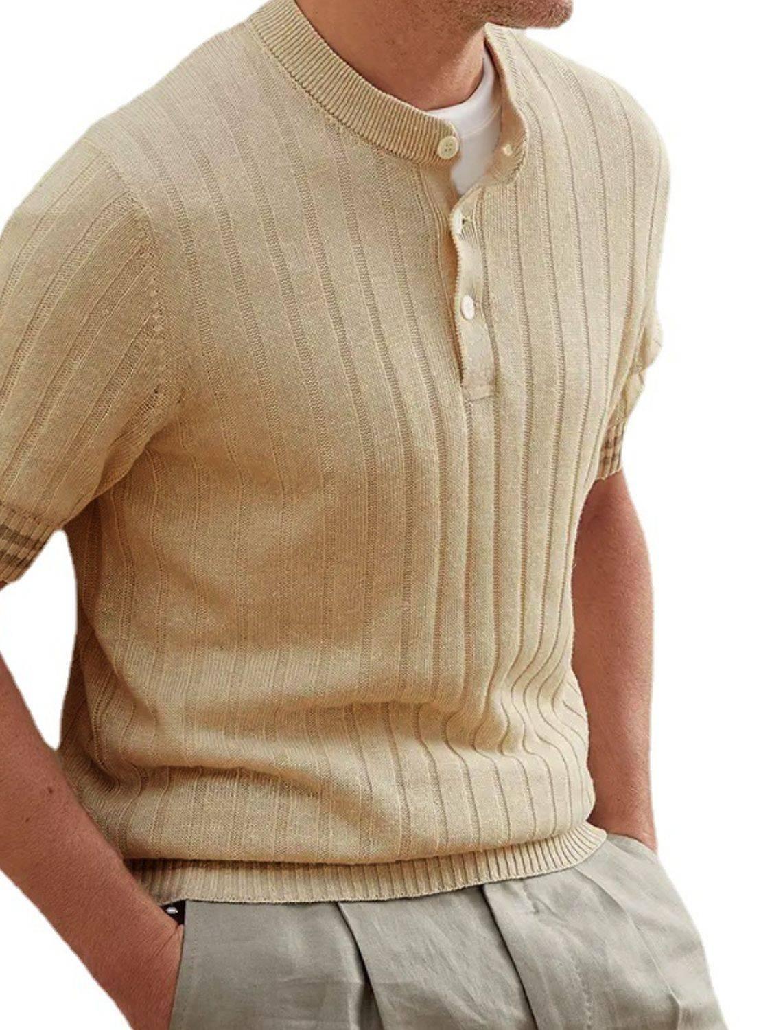 Men's Plus Size Ribbed Quarter Button Round Neck Striped Trim Polo - Clothes For Her Online Store