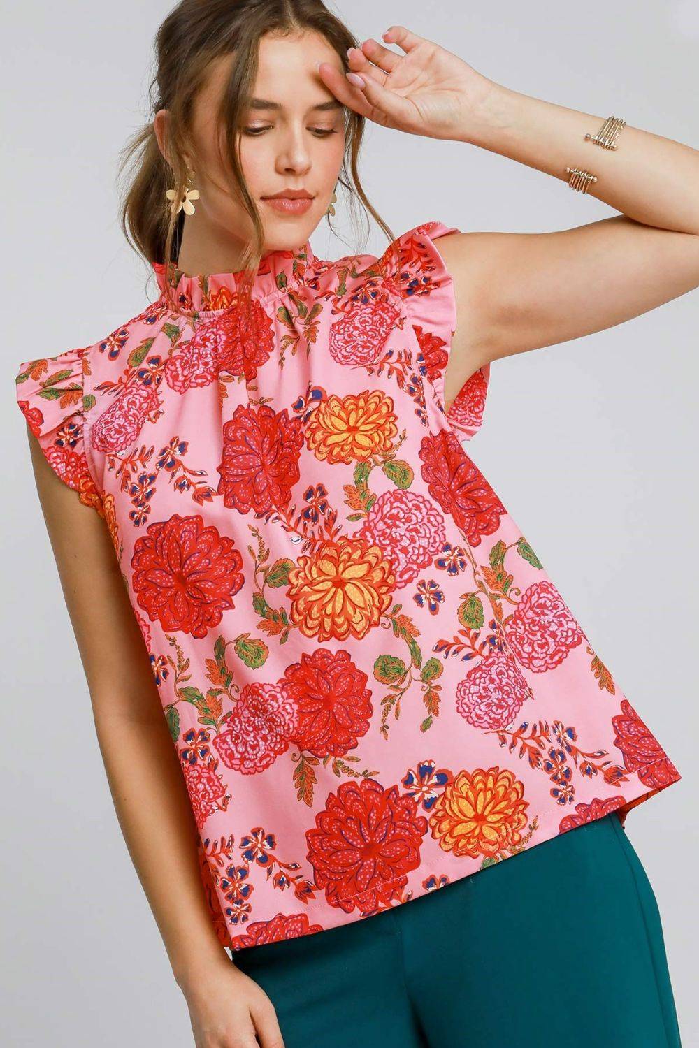 Umgee Full Size Floral Print Ruffled Cap Sleeve Blouse Plus Size - Clothes For Her Online Store