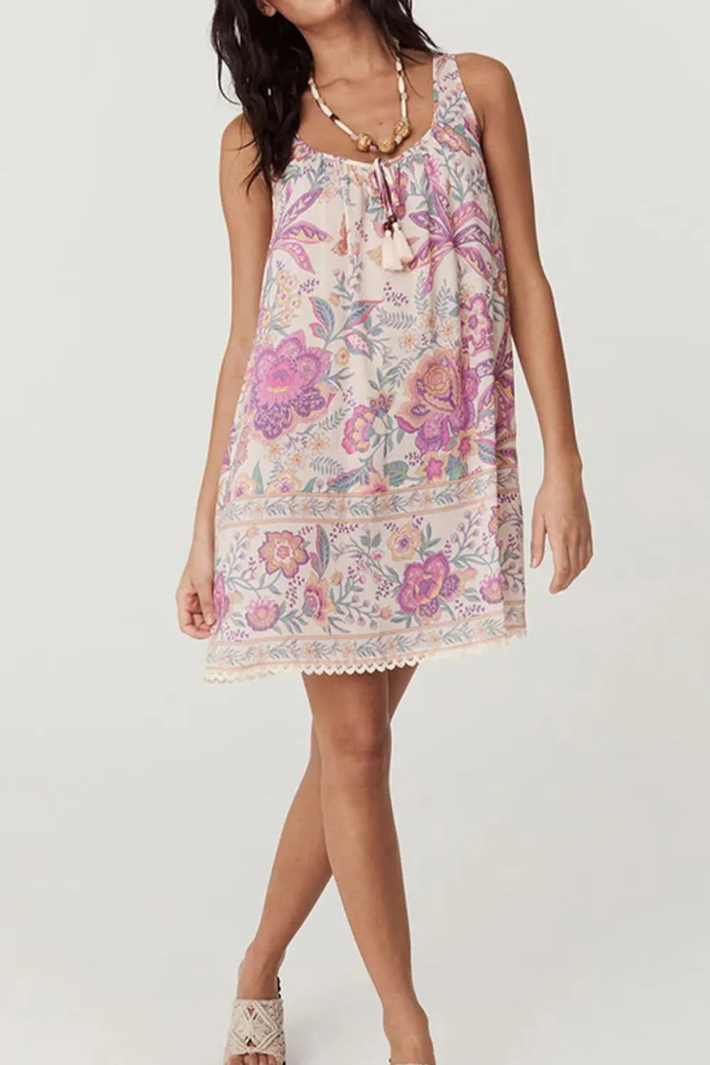 Multicolour Floral Tie Neck Sleeveless Mini Dress