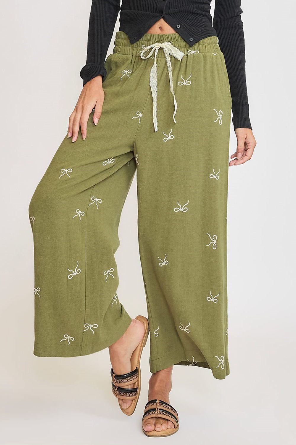 Umgee Full Size Lace Drawstring Embroidered Bow Wide Leg Pants Plus Size - Clothes For Her Online Store