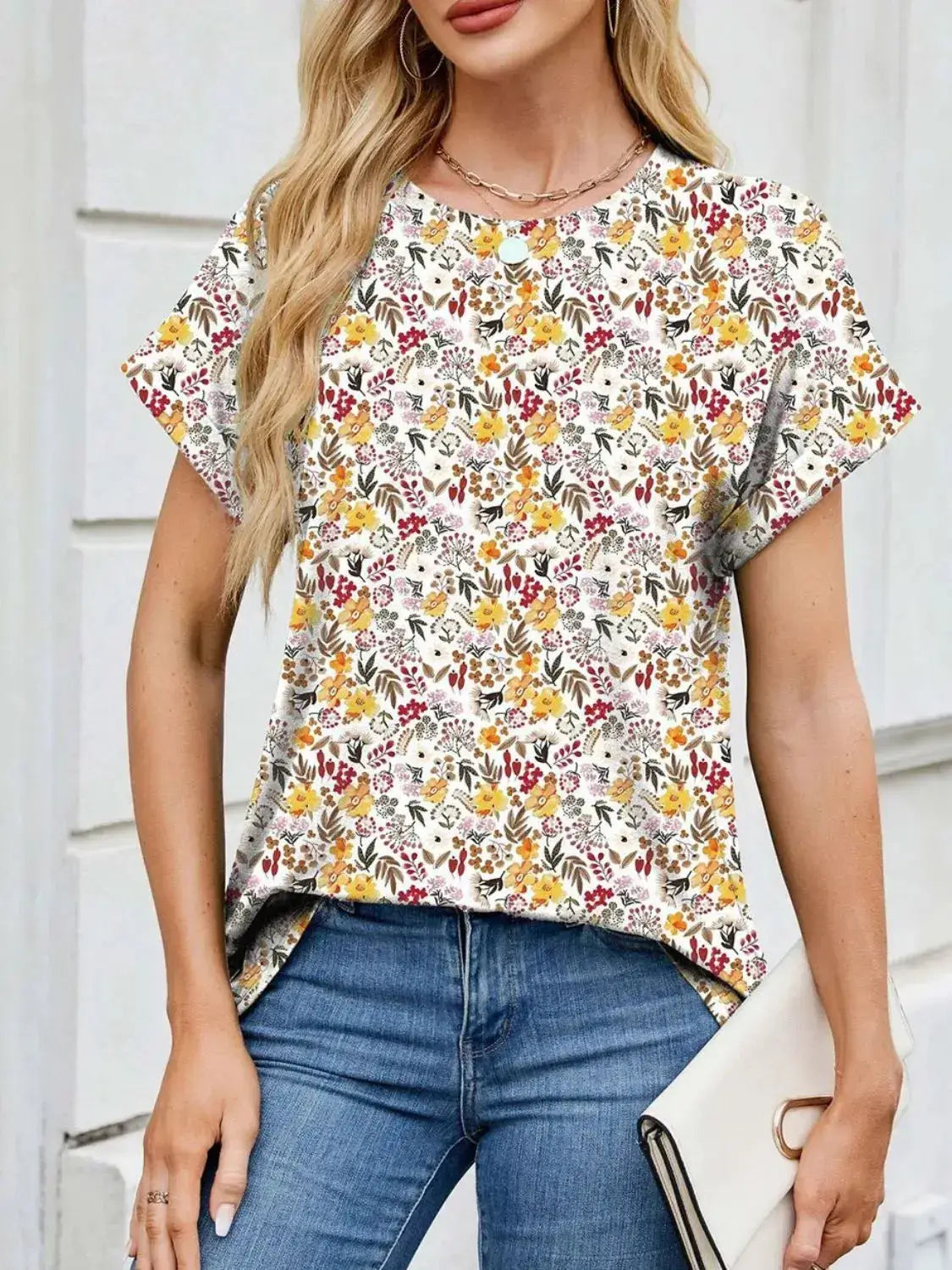 Printed Round Neck Short Sleeve Top - Clothes For Her Online Store