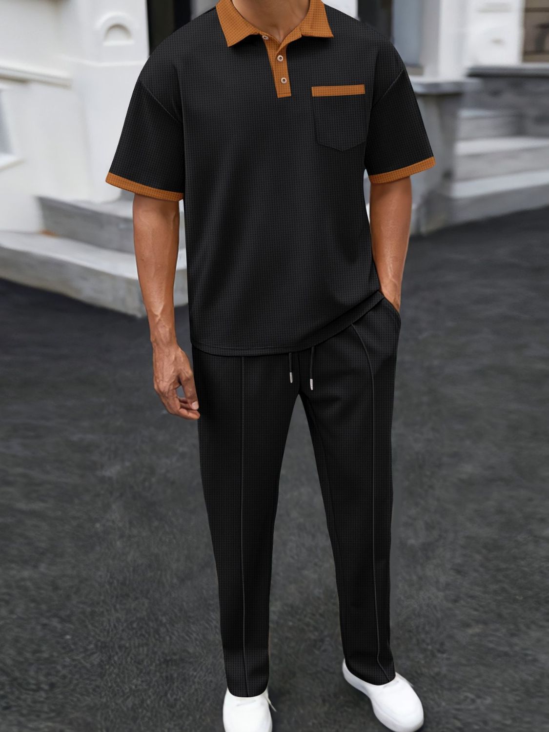 Men's Full Size Waffle-Knit Contrast Polo and Pants Set Plus Size - Clothes For Her Online Store