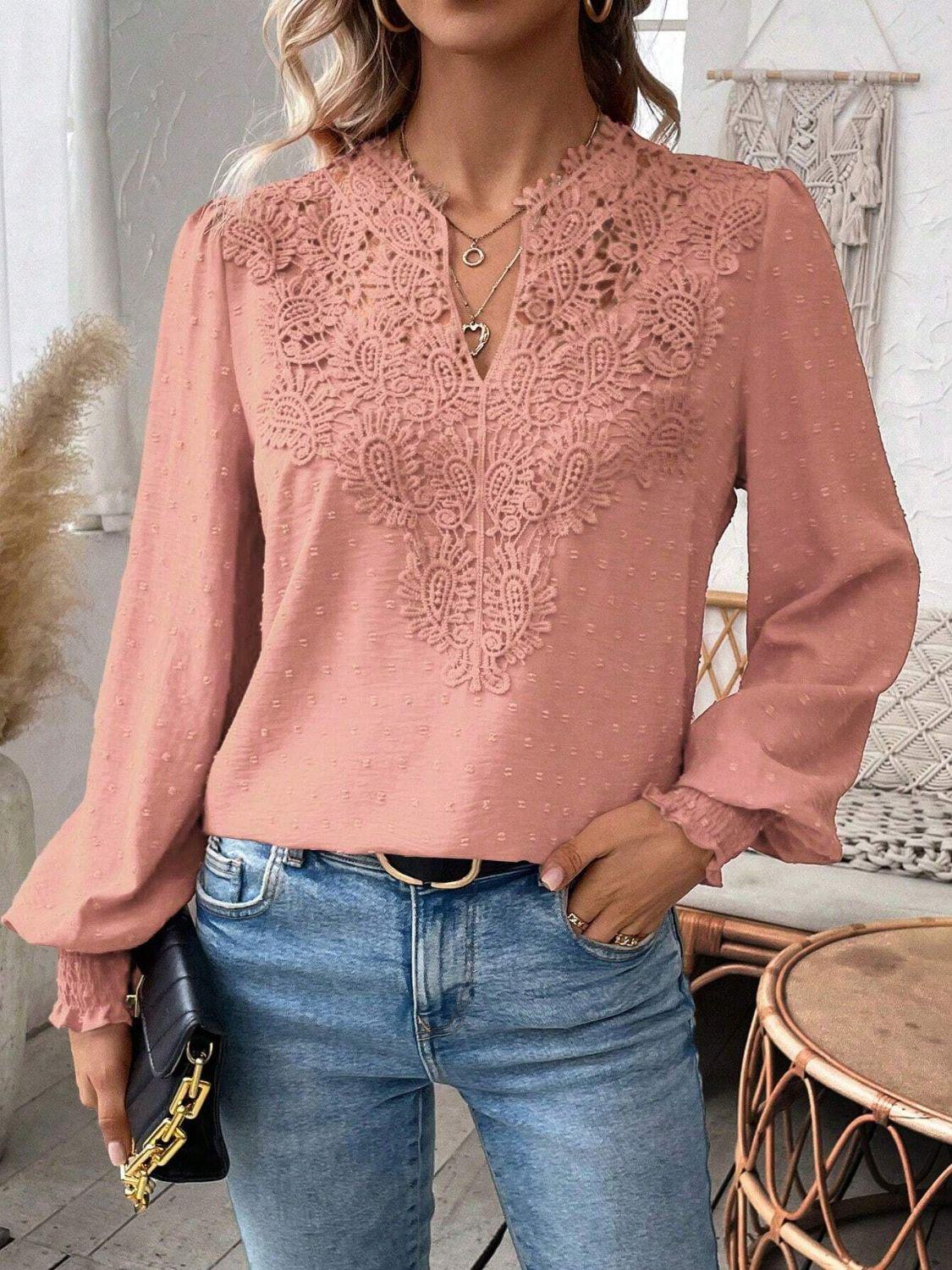Swiss Dot Lace Detail Notched Long Sleeve Blouse - Clothes For Her Online Store