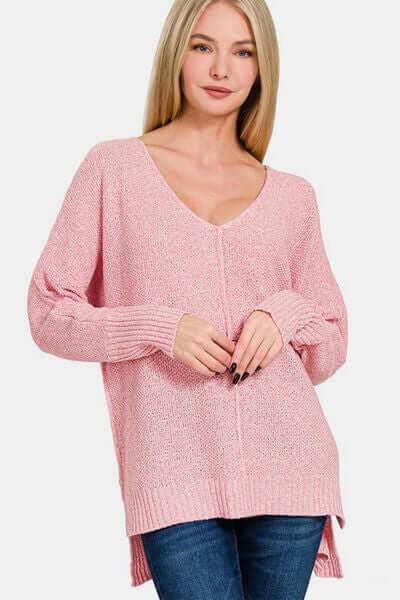 Zenana High-Low Center Seam V-Neck Sweater - Clothes For Her Online Store