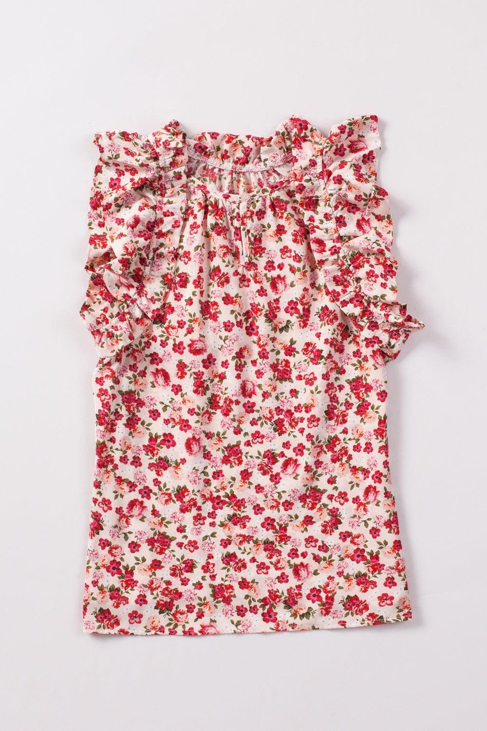 Ruffled Floral Round Neck Cap Sleeve Blouse - Clothes For Her Online Store
