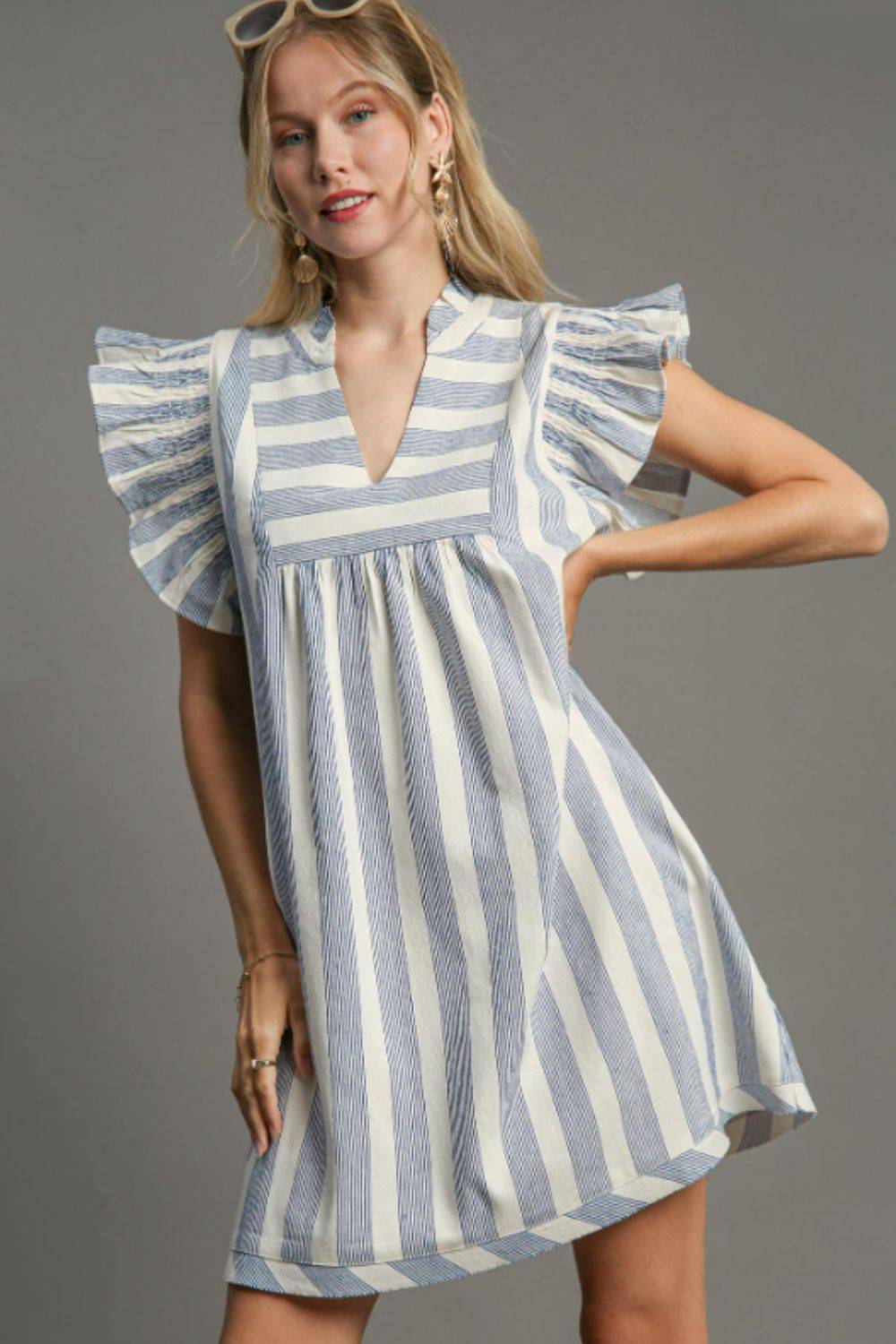 Umgee Full Size Striped Notched Ruffled Cap Sleeve Mini Dress Plus Size - Clothes For Her Online Store