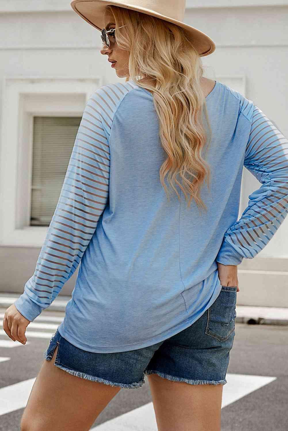 Plus Size Sheer Striped Sleeve V-Neck Top - Clothes For Her Online Store