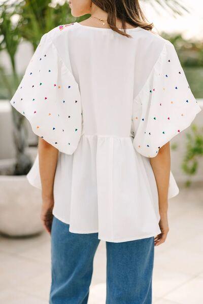 Printed V-Neck Puff Sleeve Top - Clothes For Her Online Store