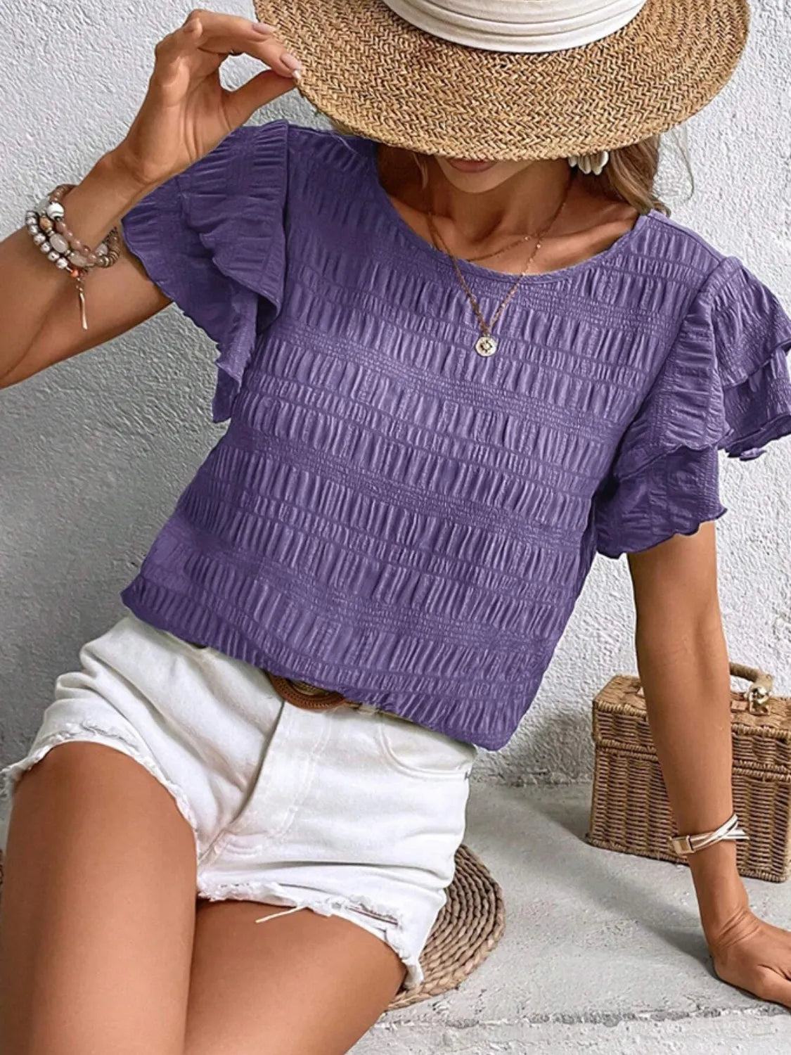 Round Neck Ruffled Short Sleeve Top