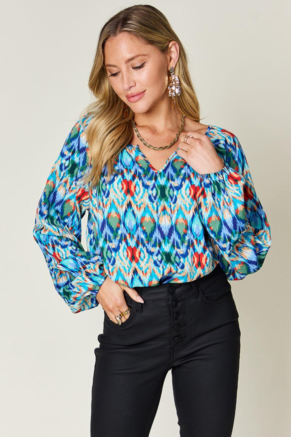 Double Take Full Size Printed Balloon Sleeve Blouse - Clothes For Her Online Store