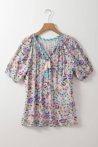 Floral Tie Neck Half Sleeve Blouse - Clothes For Her Online Store